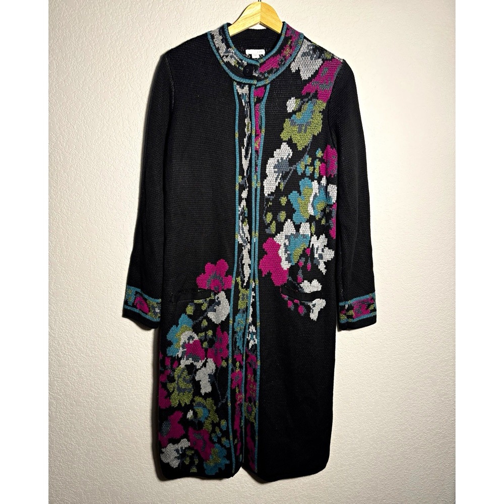 J. Jill Women's Black Floral Knit Button-Front Long Sleeve Cardigan xs artsy